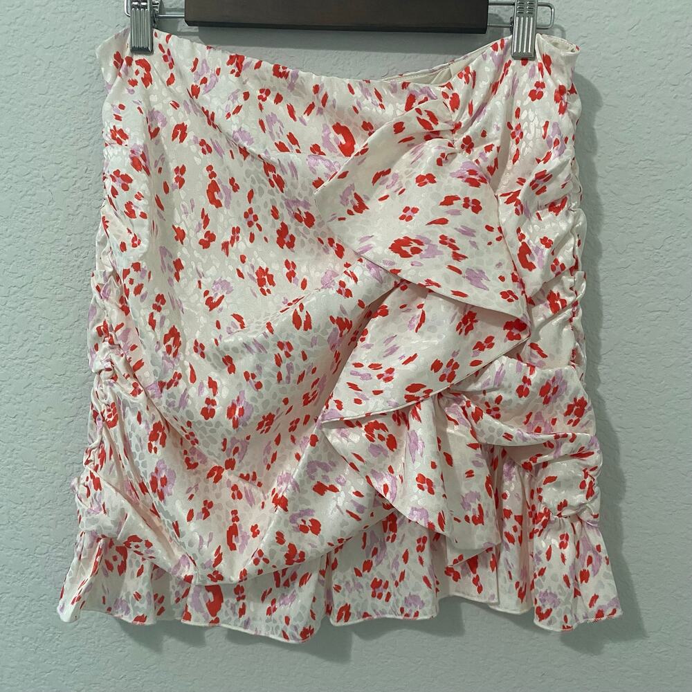 BCBGeneration Ditsy Print Mini Skirt Cream Pink Orange Ruffle Zip M